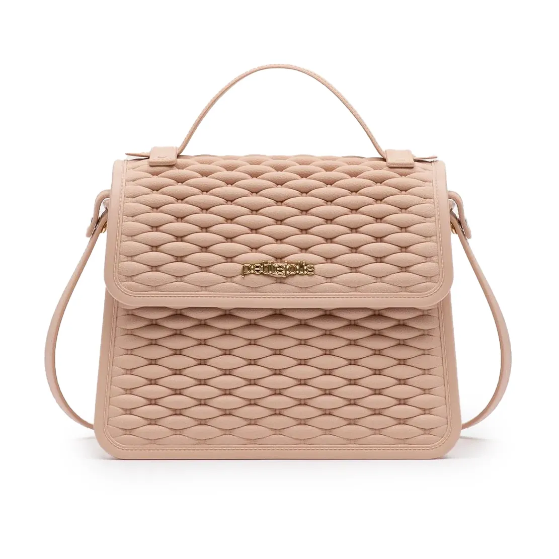 Close da bolsa Petite Jolie Vic II creme destacando textura e logo dourado